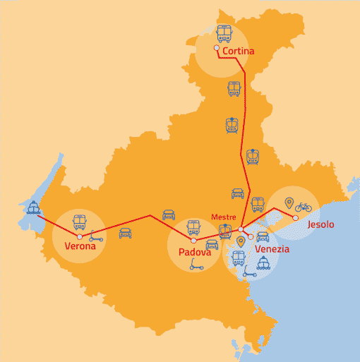 Mappa del veneto con evidenziata la tratta che collega tutte le province con i vari mezzi di trasporto pubblico