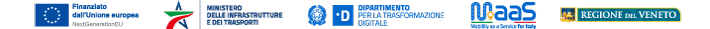Logo dell'unione europea, logo del ministero delle infrastrutture e dei trasporti, logo del dipartimento per la trasformazione digitale, logo MaaS e logo della regione del veneto